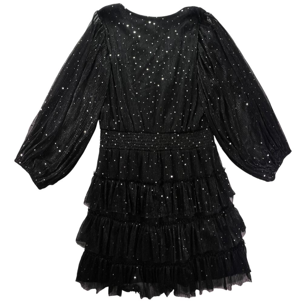 Vince Camuto Metallic Chiffon Mini Dress L Black Sheer Sleeve Tiered Sparkle - Picture 4 of 16